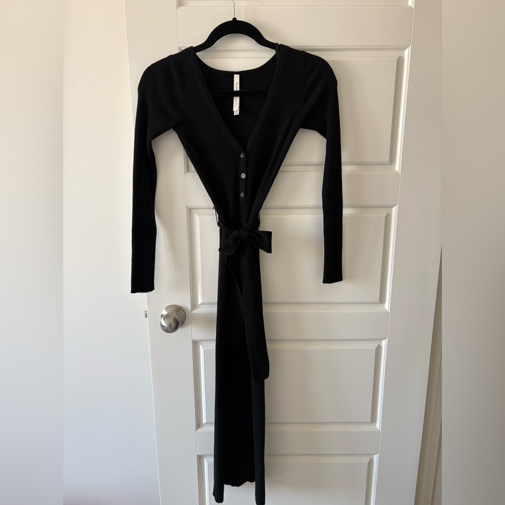 Babaton Black Long-Sleeve Wrap Maxi Dress with Tie Waist
